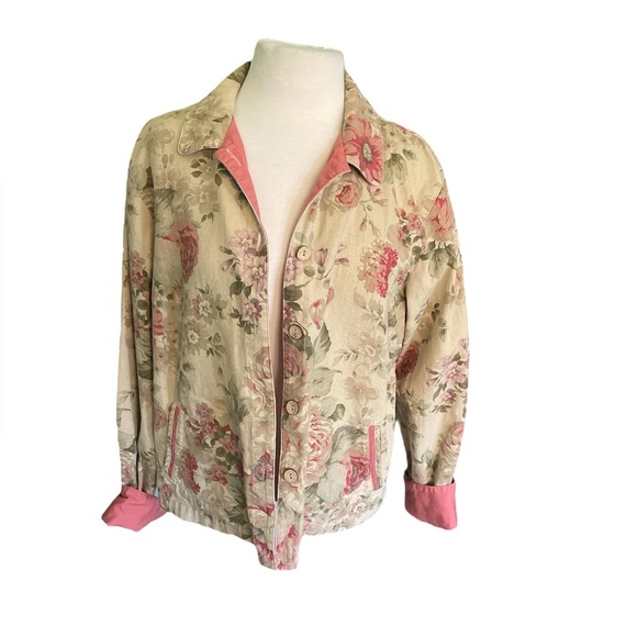 Coldwater Creek Floral Shacket Jacket Large Pink Trim Cotton Cottagecore - Picture 2 of 8